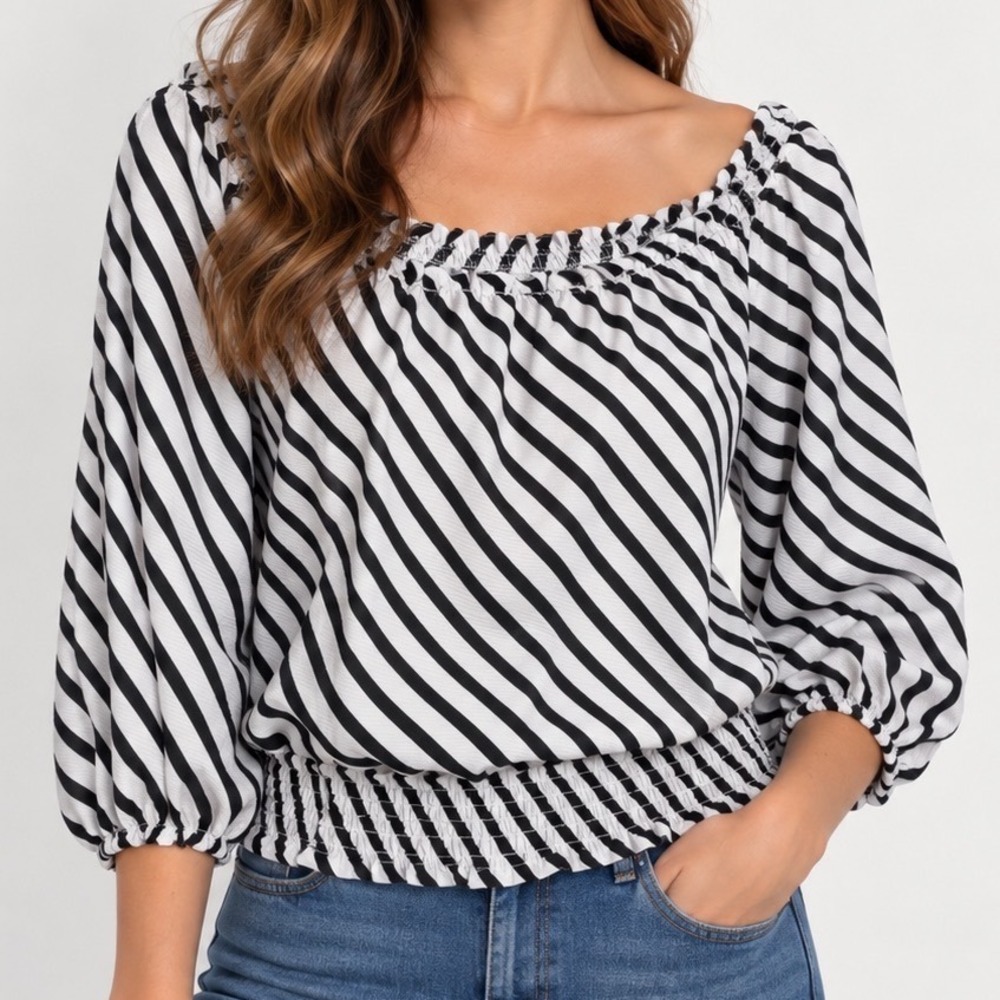 Cato Black White Diagonal Stripe Blouse M Smocked Waist Peasant Balloon Sleeve